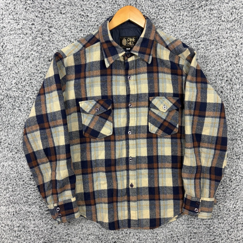 Vintage Pine Hill Shirt Mens XL Blue Plaid Wool Flannel Button Up Two Pocket 90s